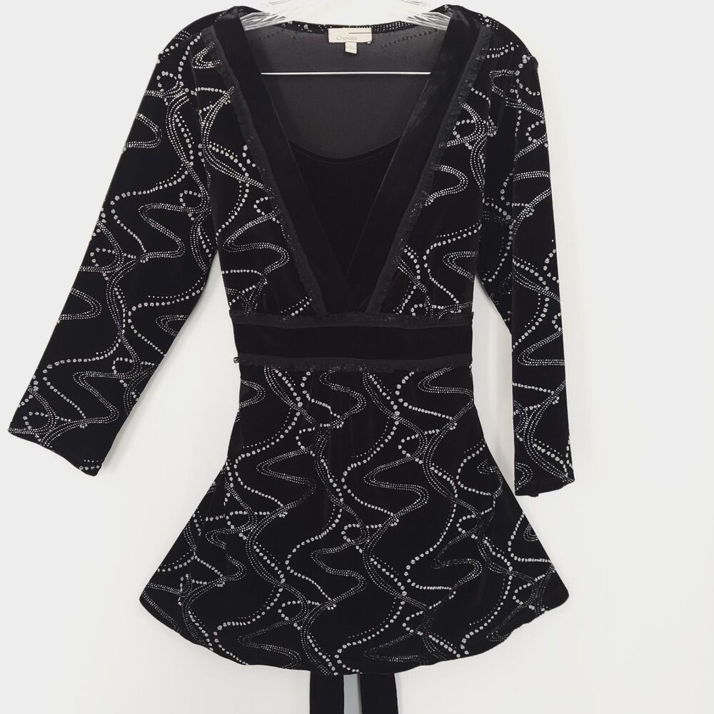 Vtg Choices Black Velvet Glitter Top Medium Tie Back Empire Waist
